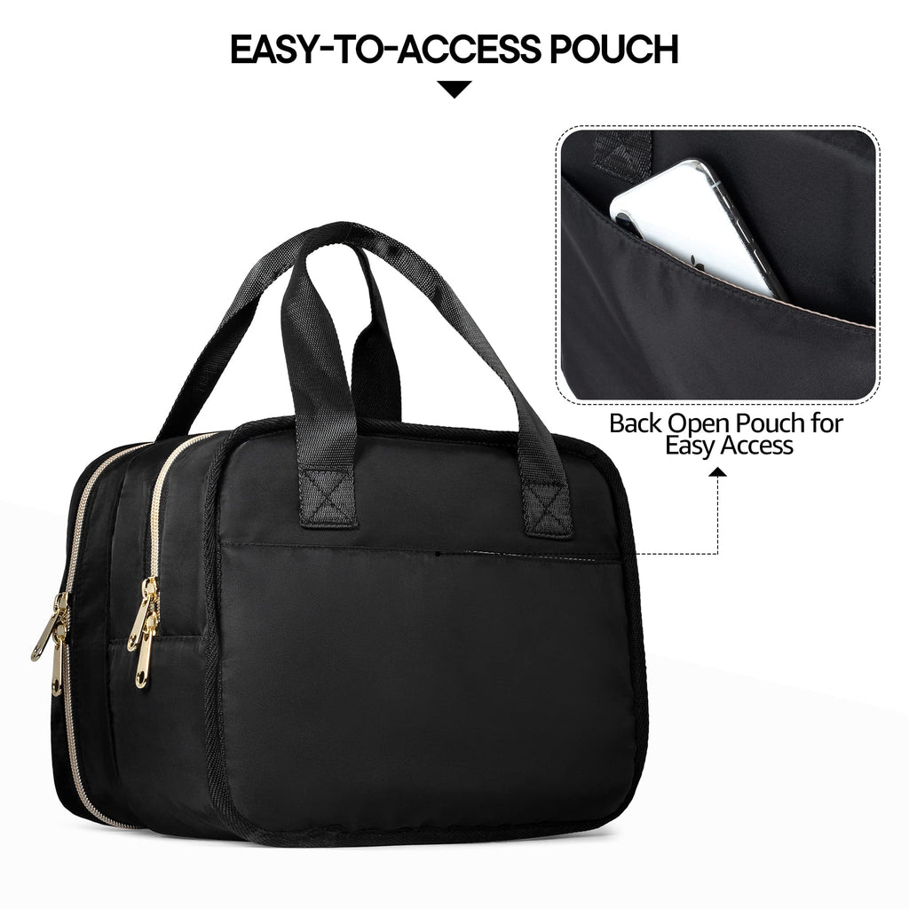 Fasrom travel pump bag back view showcasing the quick access slip pocket for smartphone and keys.