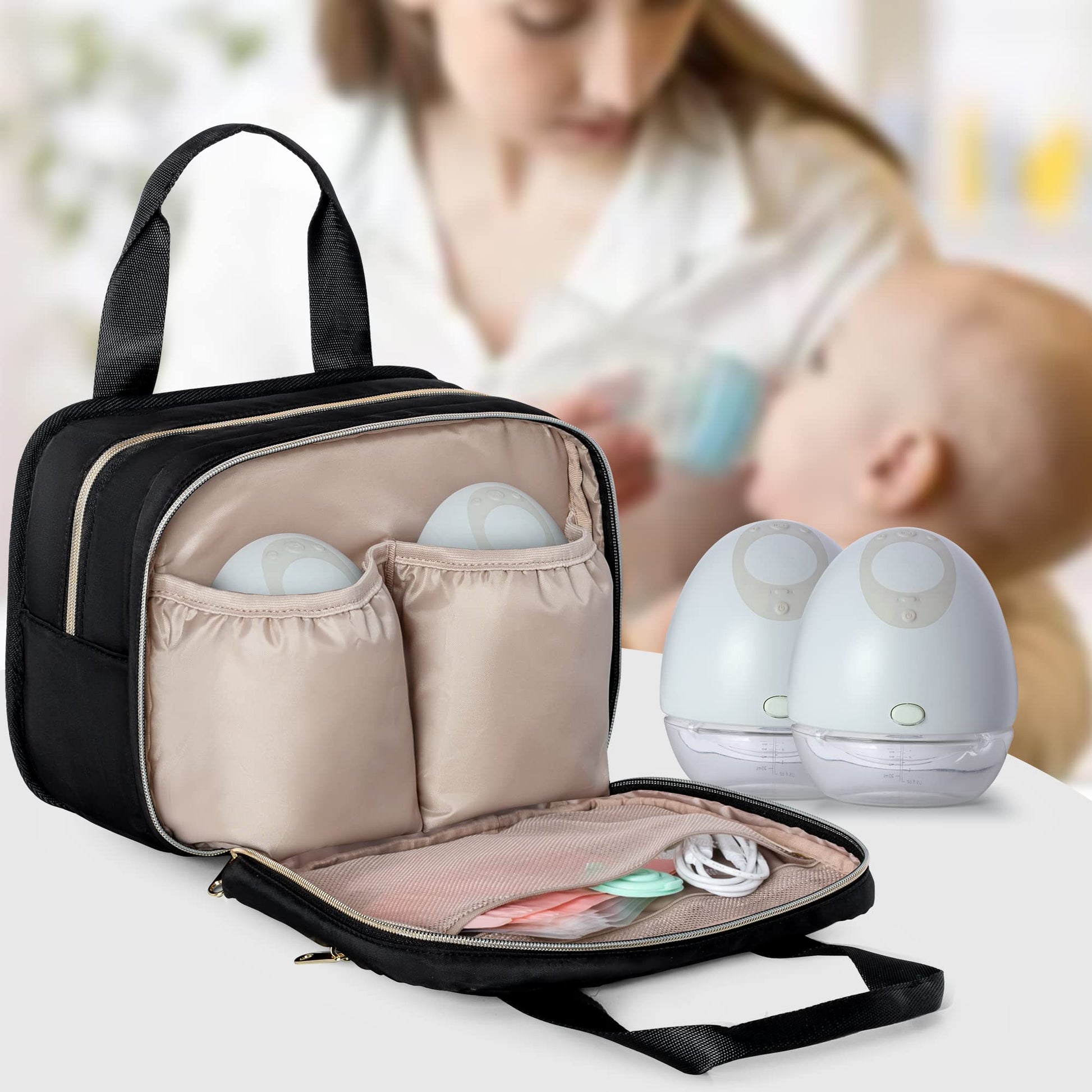 Fasrom protective pump storage pouch packed with wearable breast shields and insulated milk storage components.