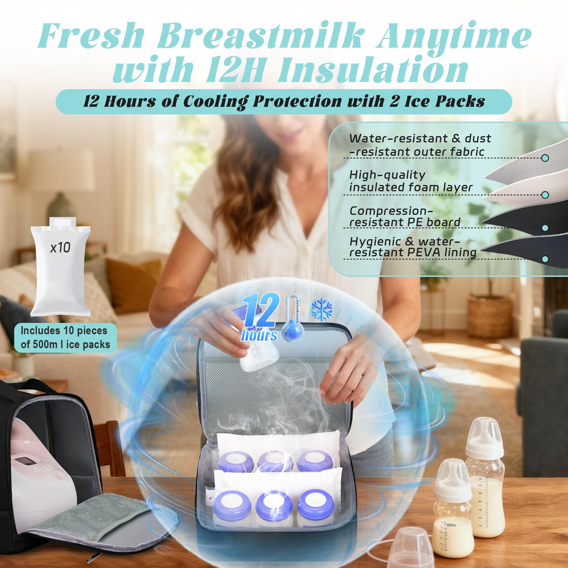 Wurzfolk double layer pumping bag top compartment showing electric breast pump storage space