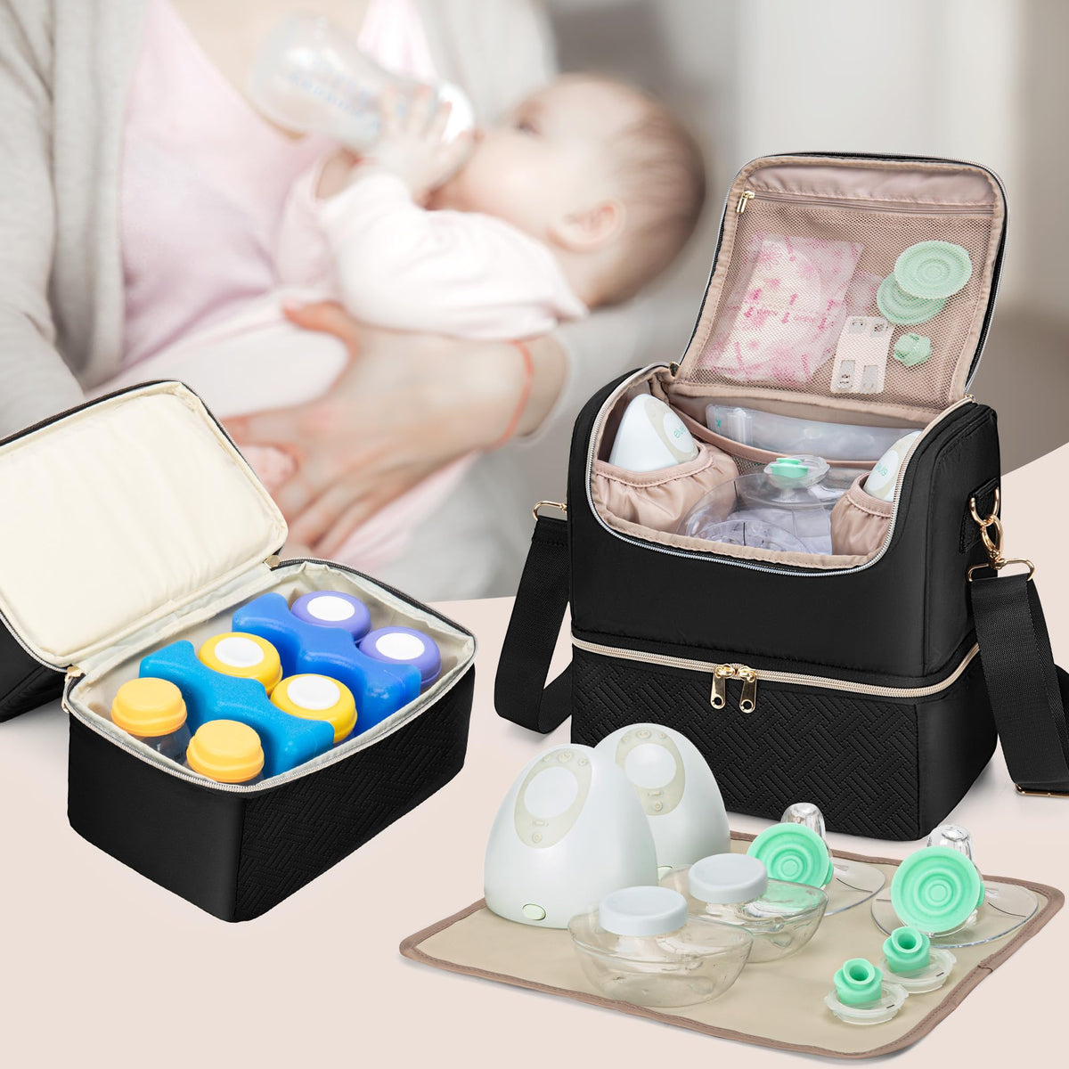 Fasrom premium black quilted diaper and pumping bag side view with zippers