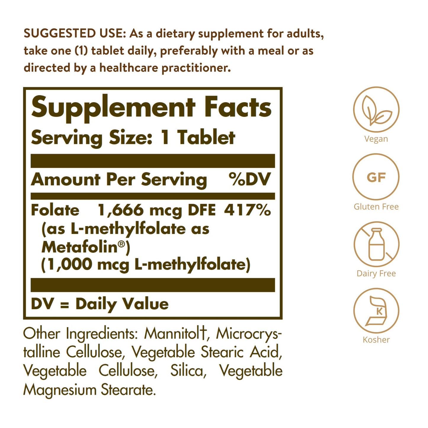 Solgar Bio Active Metafolin 1000 Micrograms nutritional facts panel and ingredient list