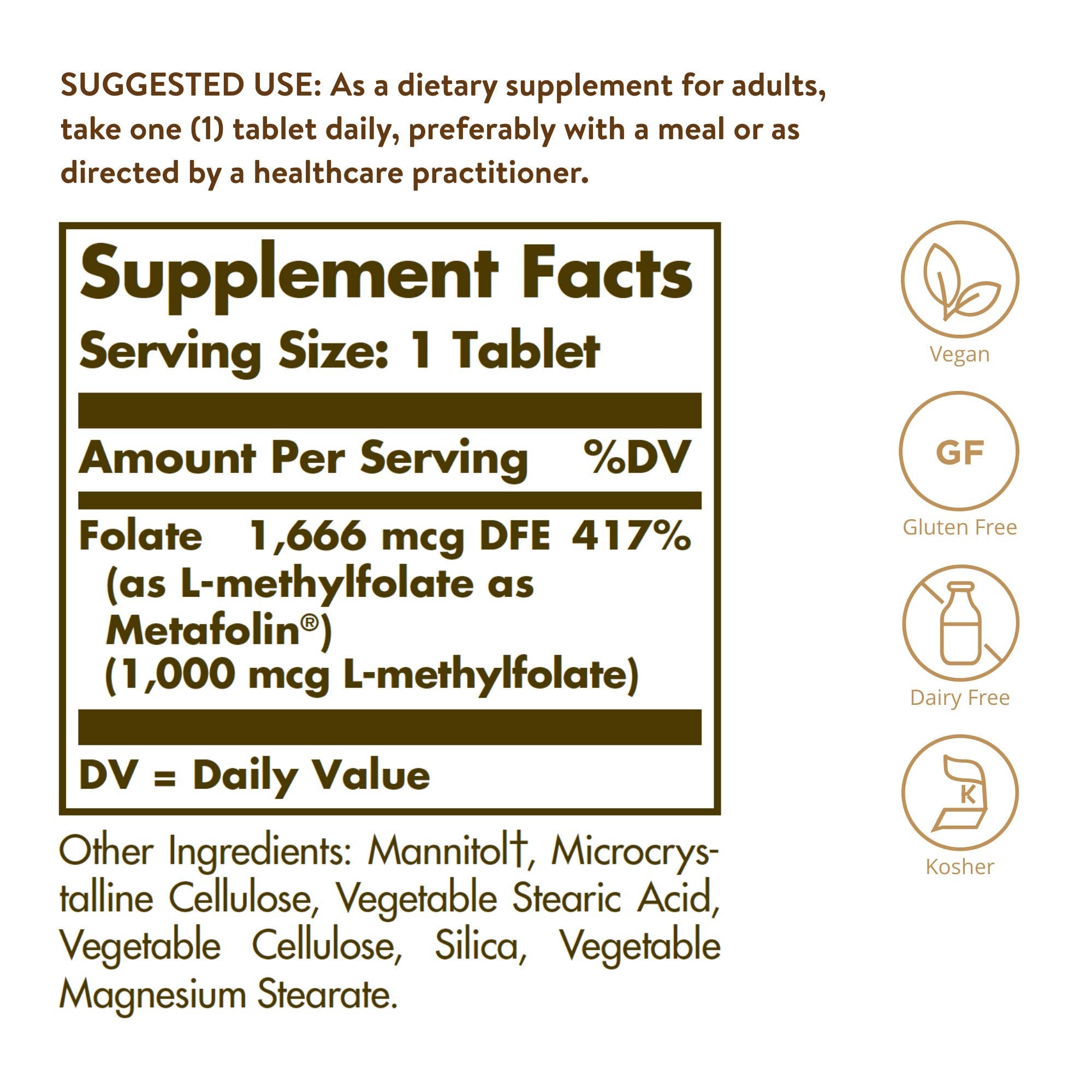 Solgar Bio Active Metafolin 1000 Micrograms nutritional facts panel and ingredient list