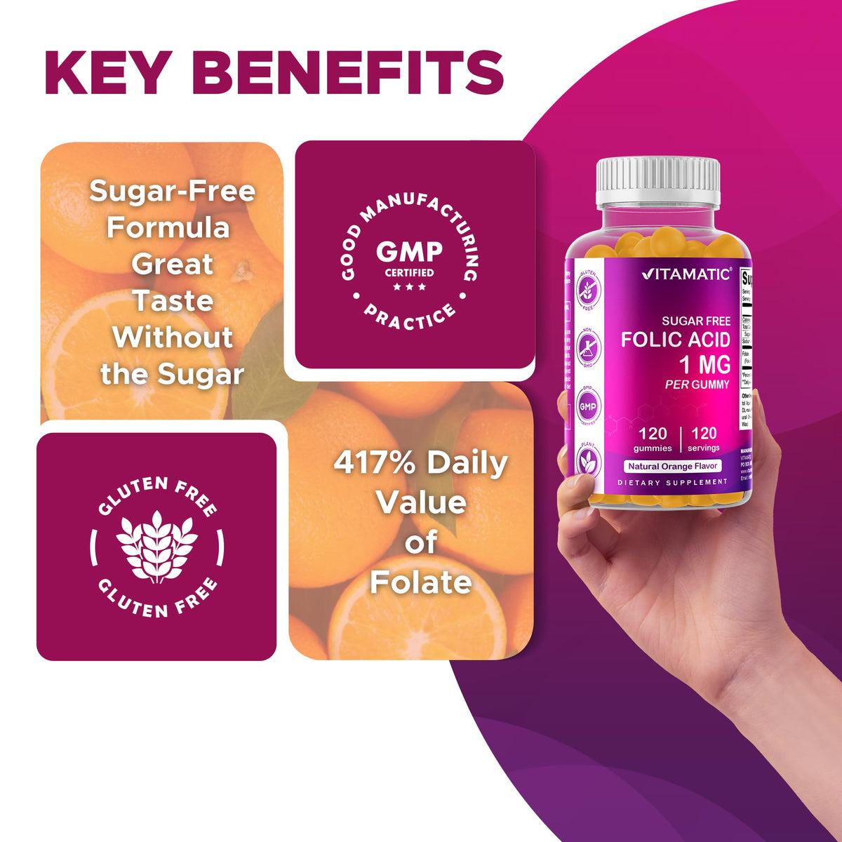 Vitamatic non GMO gluten free pectin based folic acid gummy serving size