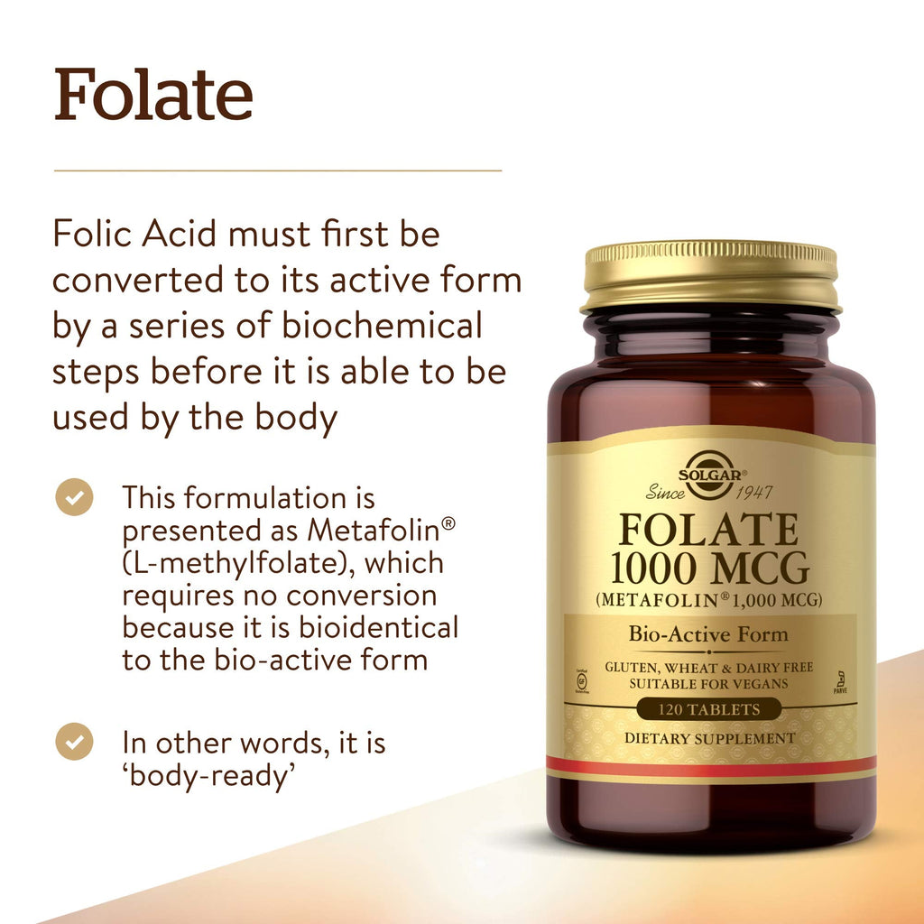 Solgar L Methylfolate 1000 Micrograms tablets displaying vegan and certified gluten free seals