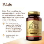 Solgar L Methylfolate 1000 Micrograms tablets displaying vegan and certified gluten free seals