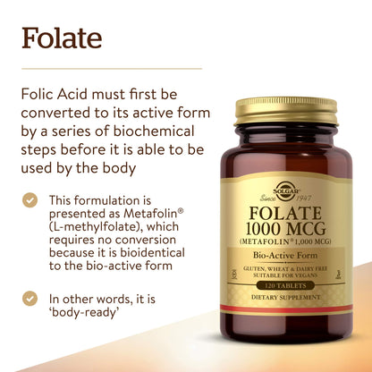 Solgar L Methylfolate 1000 Micrograms tablets displaying vegan and certified gluten free seals