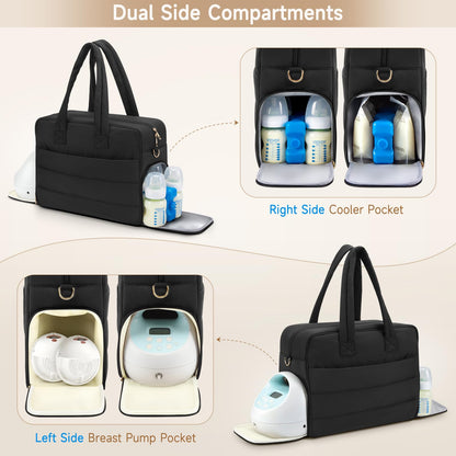 Bananafish maternity tote bag with 15.6 inch laptop sliding into the padded sleeve.