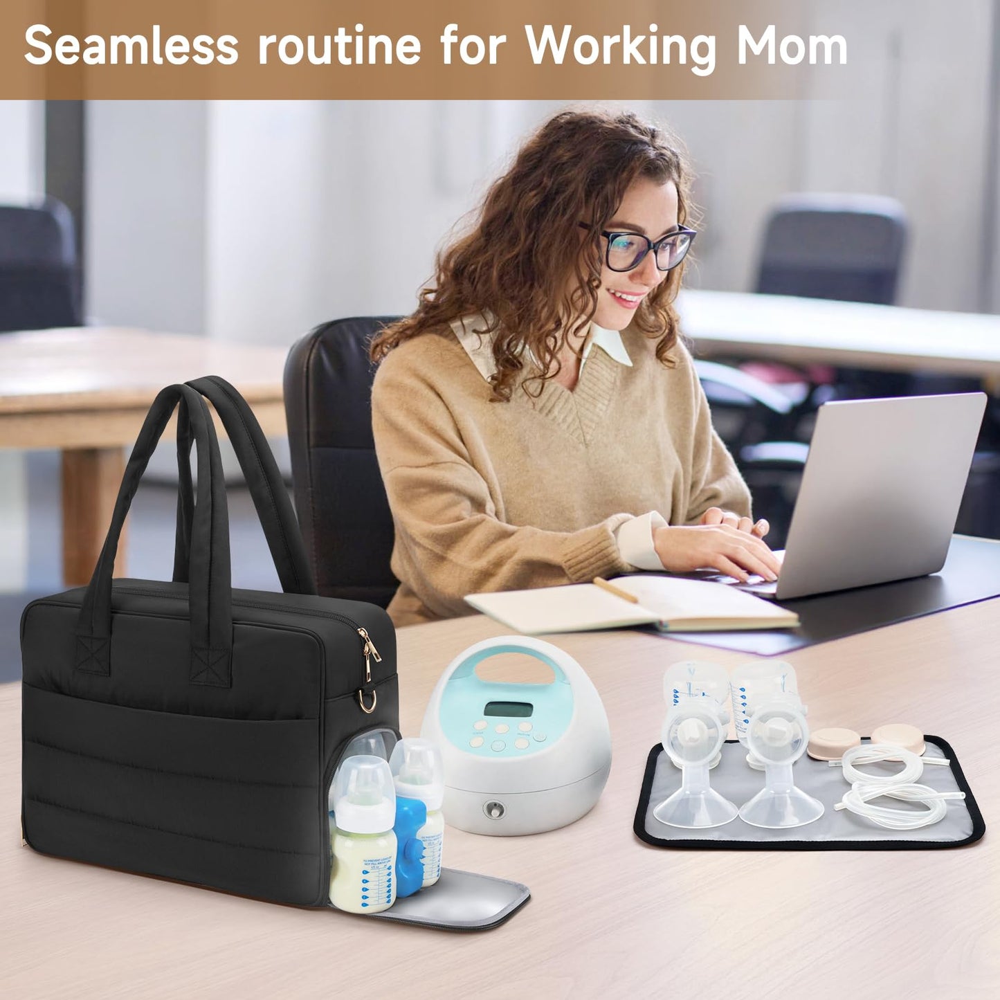 Side view of Bananafish breast pump tote highlighting deep compartments for electric pump machines.