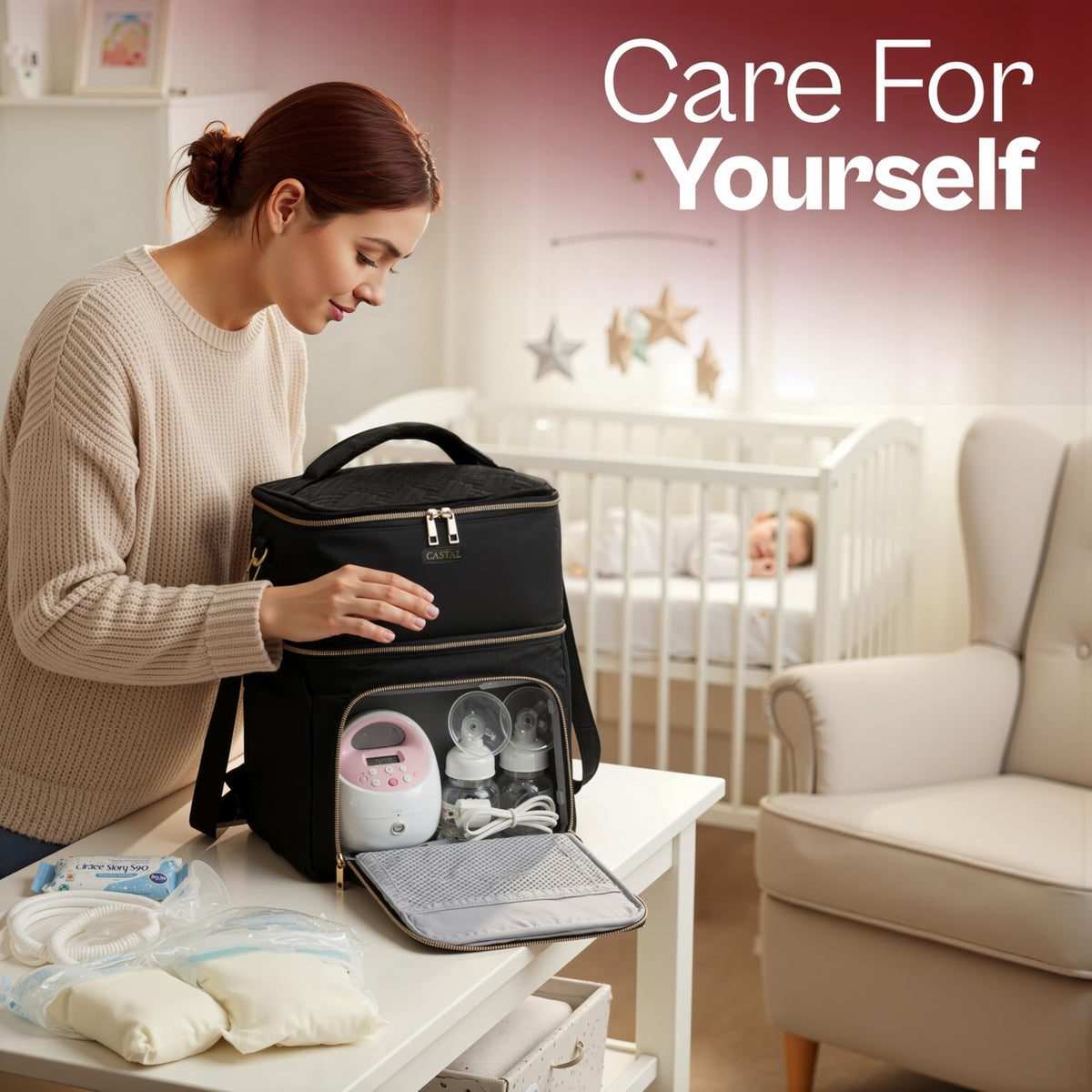 Castal premium pumping bag back view with travel luggage sleeve
