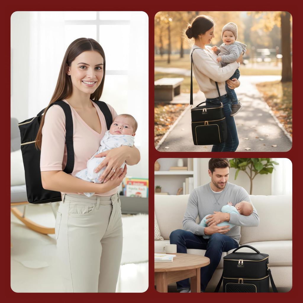 Castal leak proof breast pump tote showing included ice pack placement
