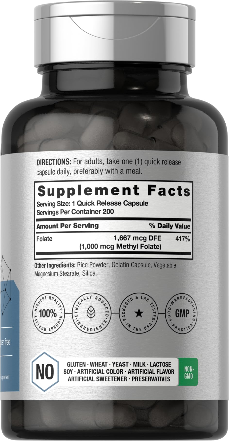 Horbaach L-Methylfolate 5-MTHF quick release capsules back label showing ingredient facts
