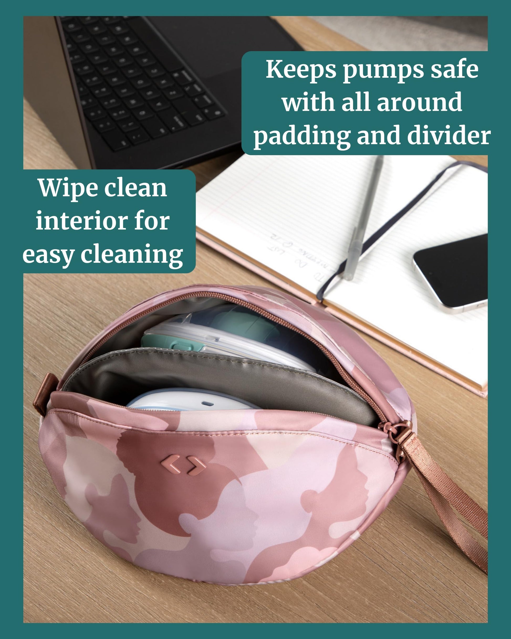 Water resistant exterior material of Idaho Jones breast pump case being wiped clean with a cloth