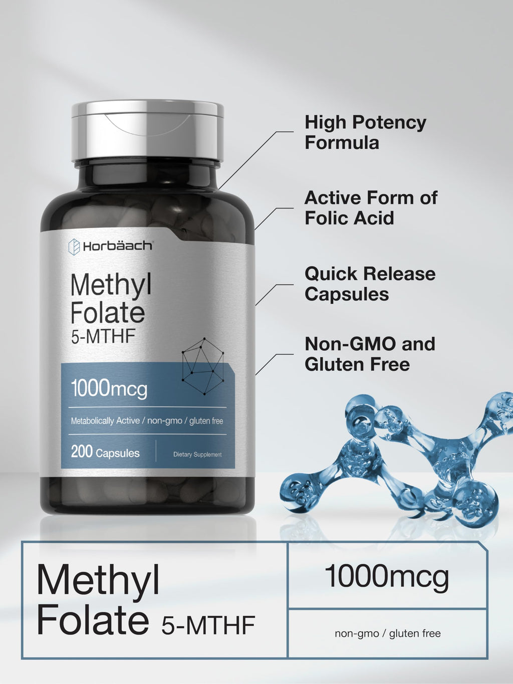 USA imported Horbaach methylfolate 200 capsules packaging for MTHFR gene support