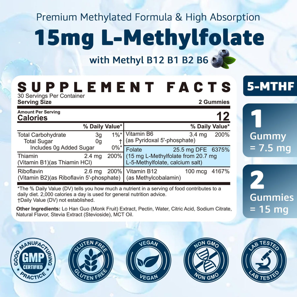 Nextdia active 5-MTHF supplement blueberry flavored vegan gummies nutrition facts panel