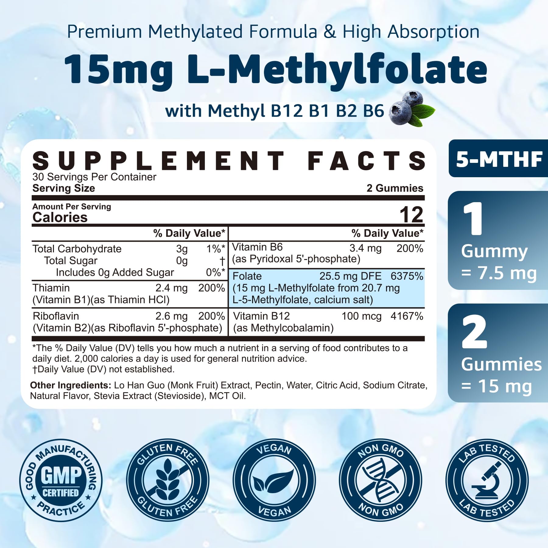 Nextdia active 5-MTHF supplement blueberry flavored vegan gummies nutrition facts panel