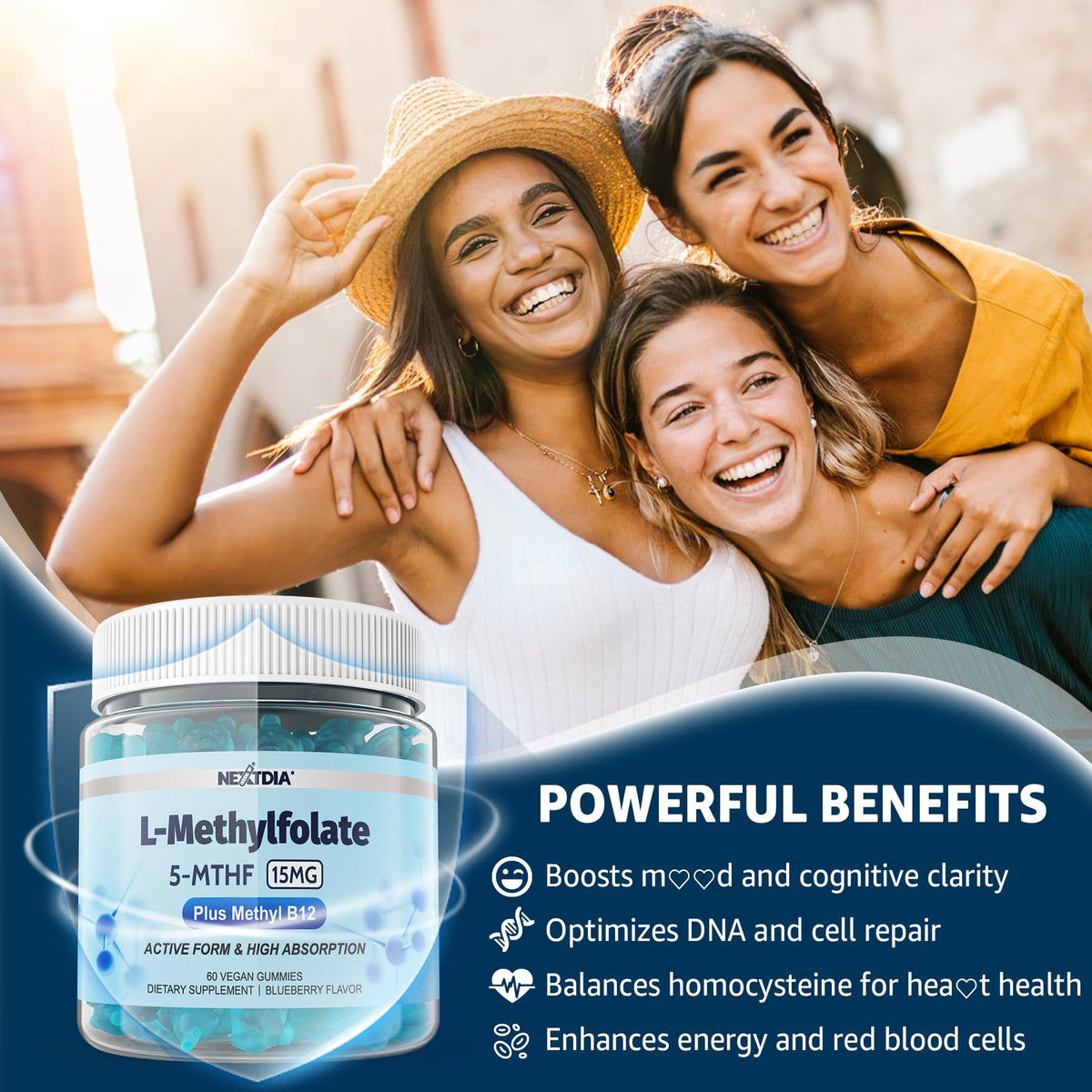 Nextdia high potency folate gummies showing the easy to chew blueberry pieces