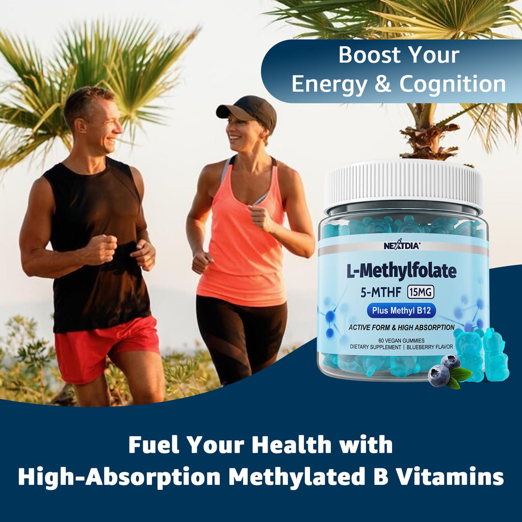Nextdia L-Methylfolate two pack bottles containing 120 counts of blueberry dietary gummies