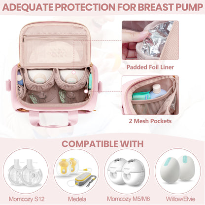 Pink portable pumping carrying case showing the open top compartment with padded storage pouches for wireless pumps