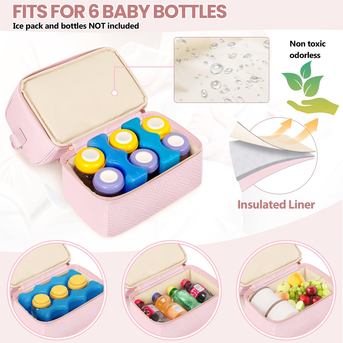 Fasrom insulated lower cooler compartment lined with aluminum foil holding baby bottles and ice packs