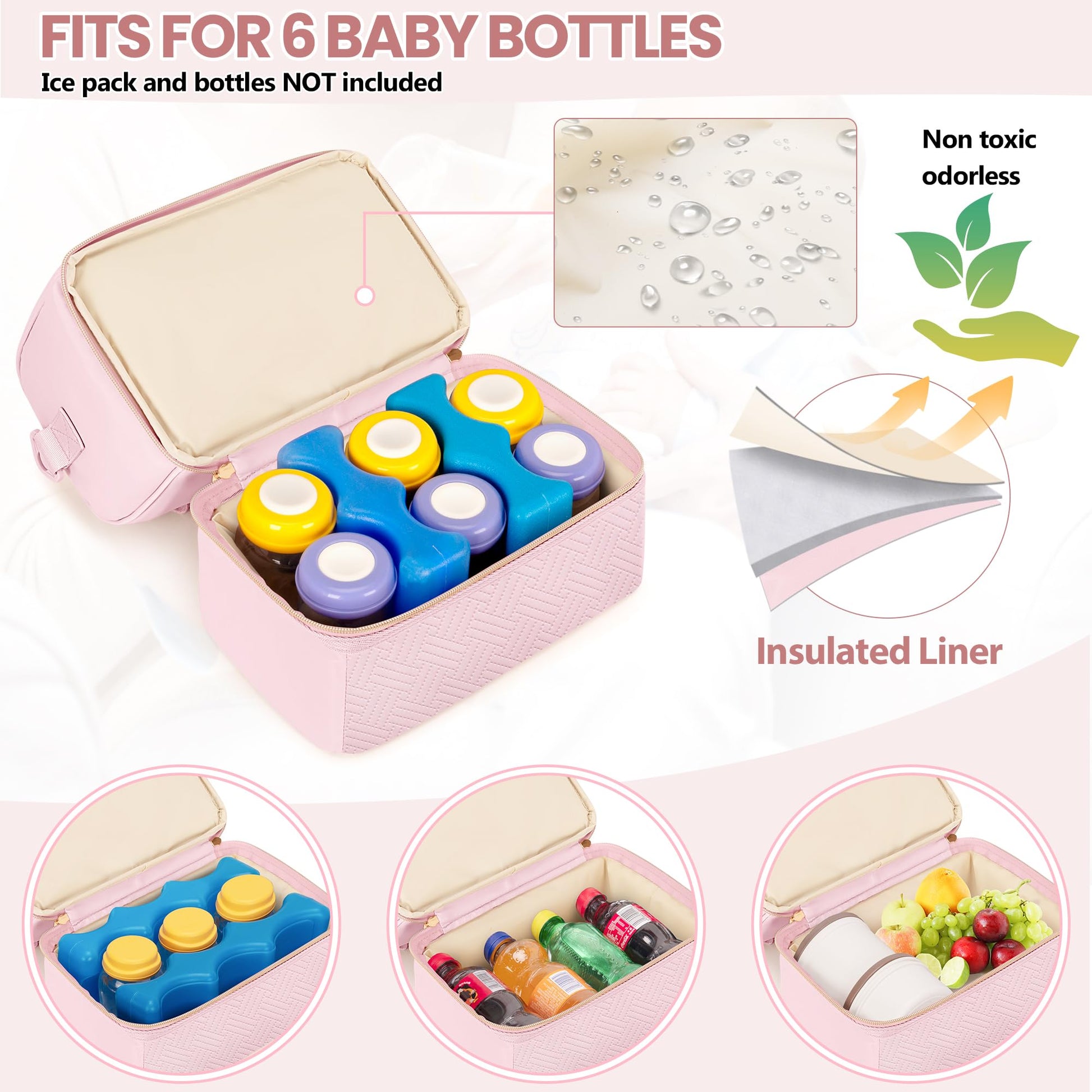 Fasrom insulated lower cooler compartment lined with aluminum foil holding baby bottles and ice packs