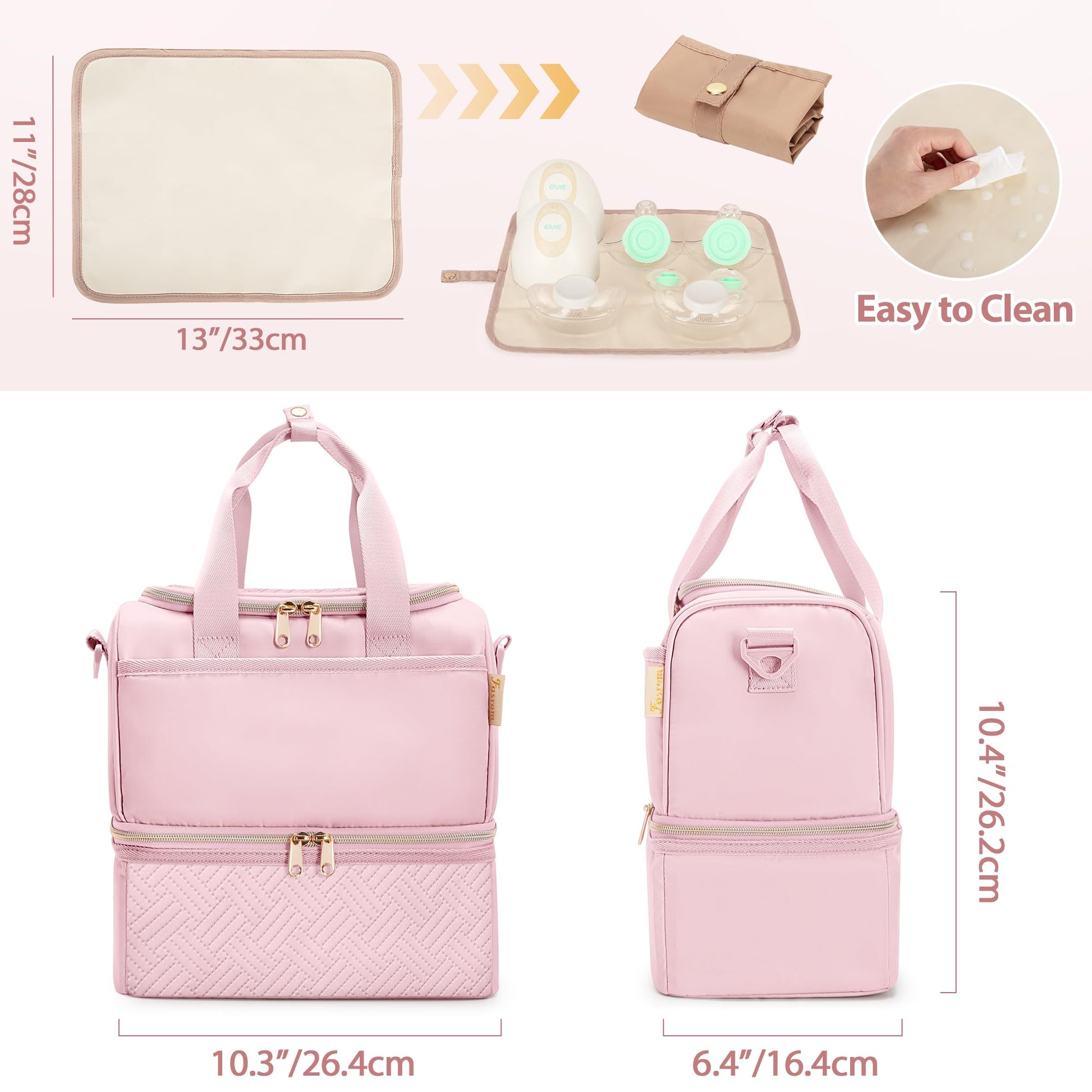 Fasrom pink pumping tote bag being carried with the adjustable padded crossbody shoulder strap by a mother