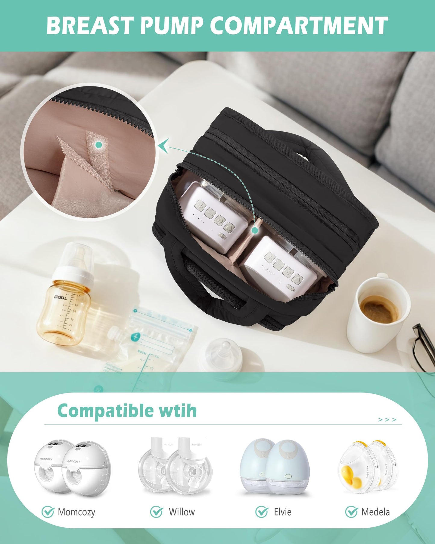 Jaffzora portable pump carrying case displaying the lower insulated milk cooler compartment opened.