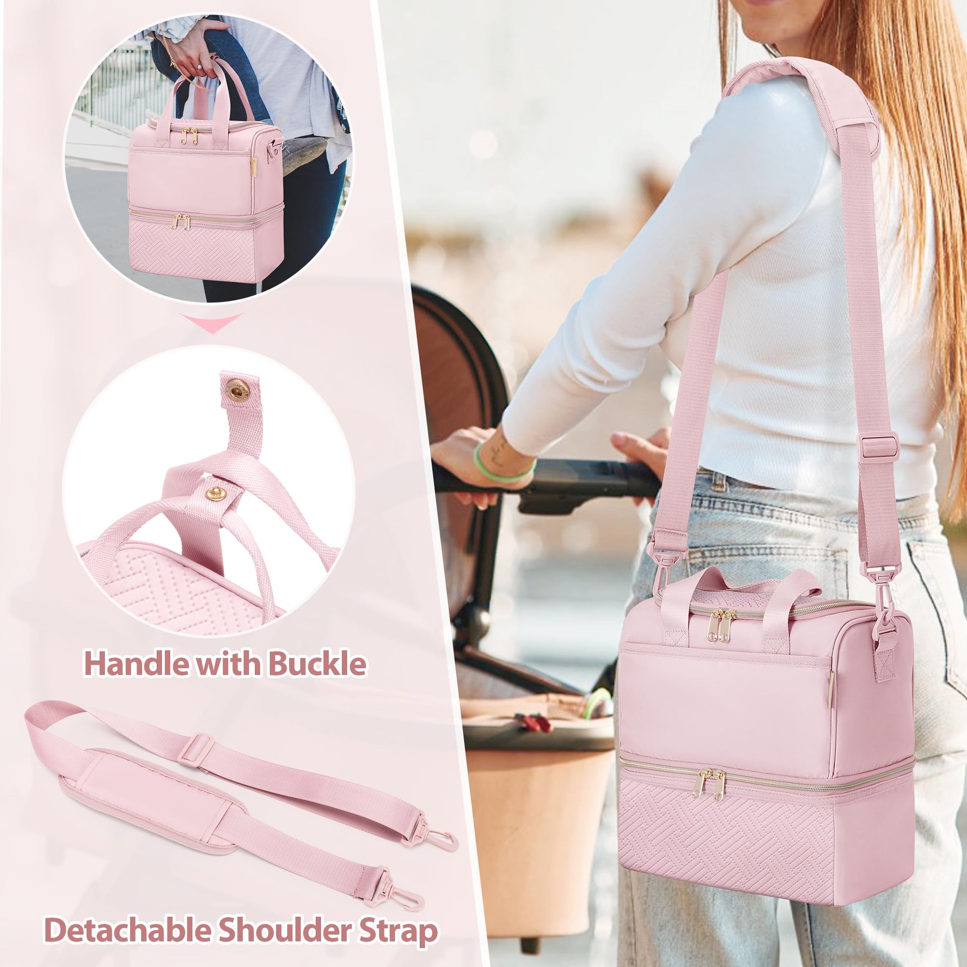 Close up view of the heavy duty nylon fabric and reinforced top handle on the pink Fasrom pump organizer