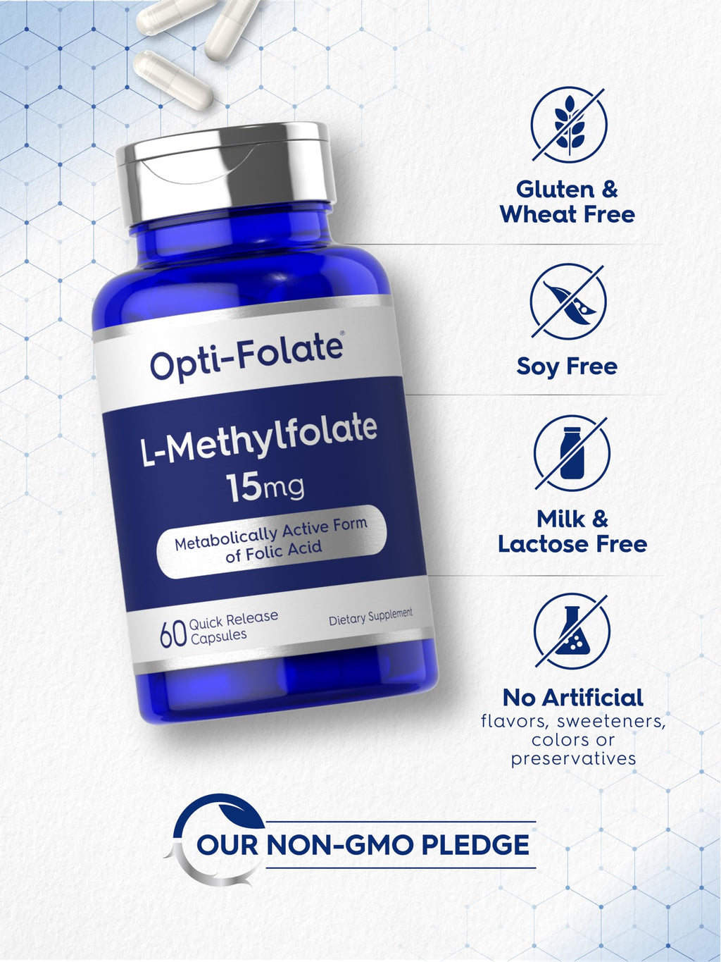Close-up of Carlyle 15 milligram folate capsules showing quick-release formulation text