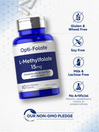Close-up of Carlyle 15 milligram folate capsules showing quick-release formulation text
