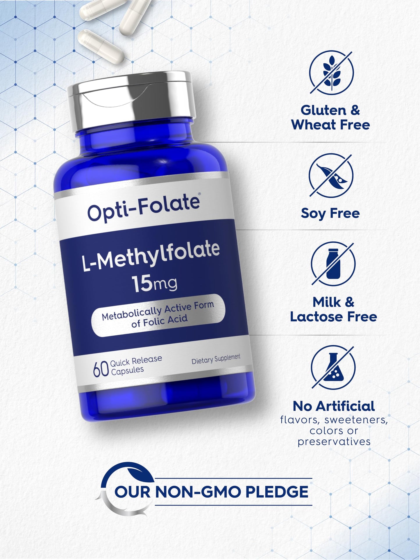 Close-up of Carlyle 15 milligram folate capsules showing quick-release formulation text