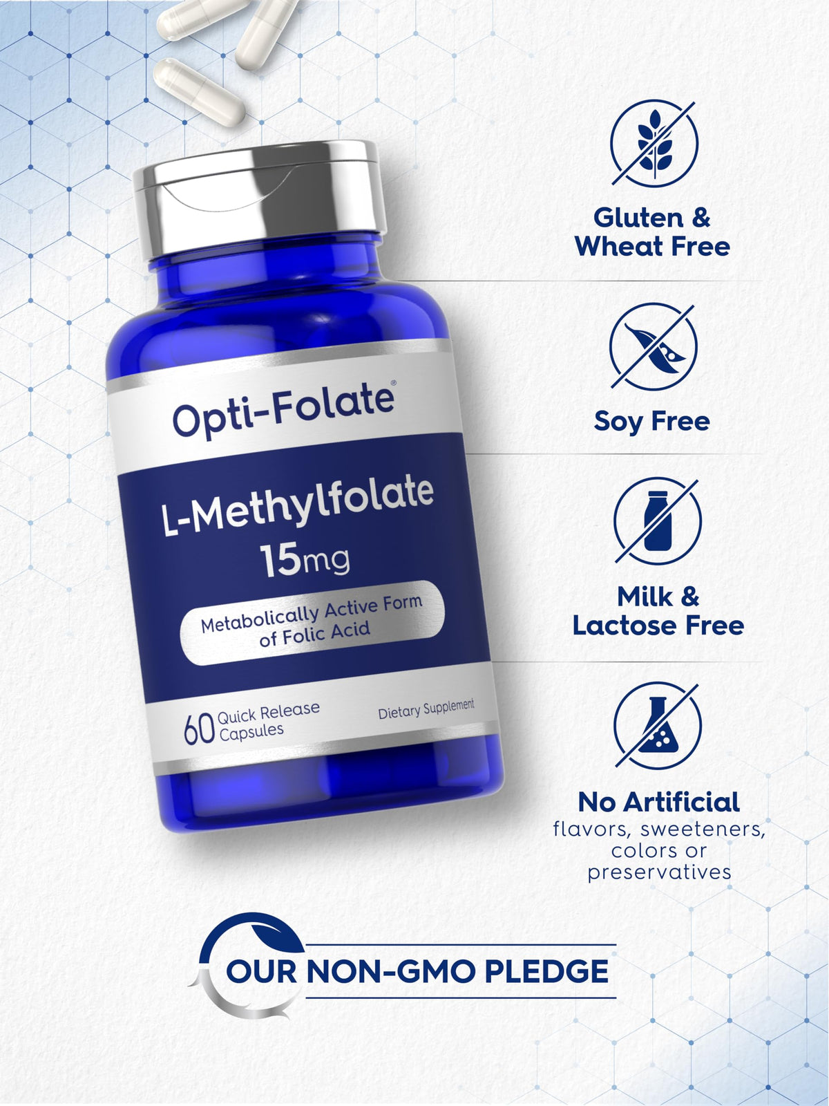 Close-up of Carlyle 15 milligram folate capsules showing quick-release formulation text