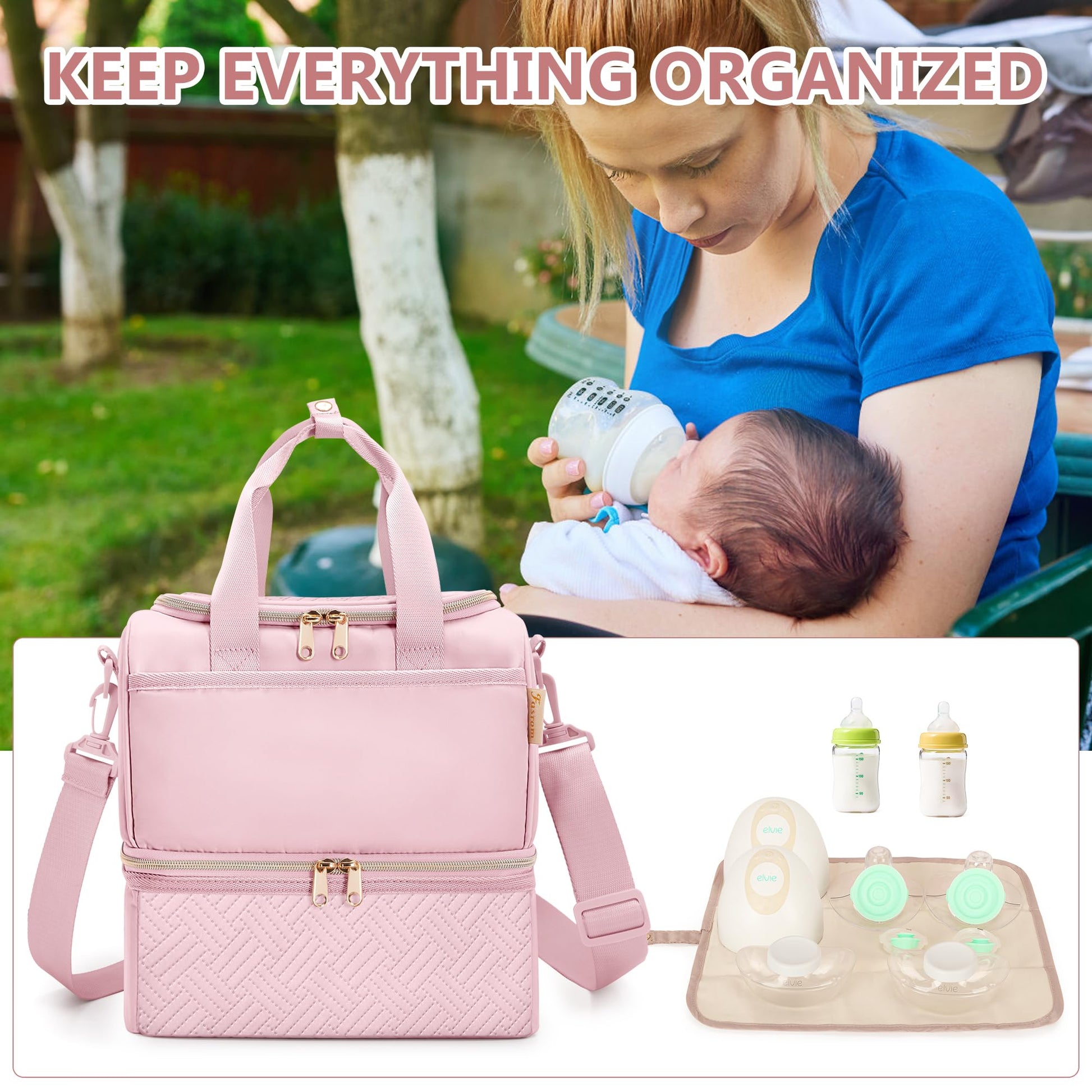 Back perspective of the Fasrom breast pump travel case demonstrating the sleek compact profile for commuting