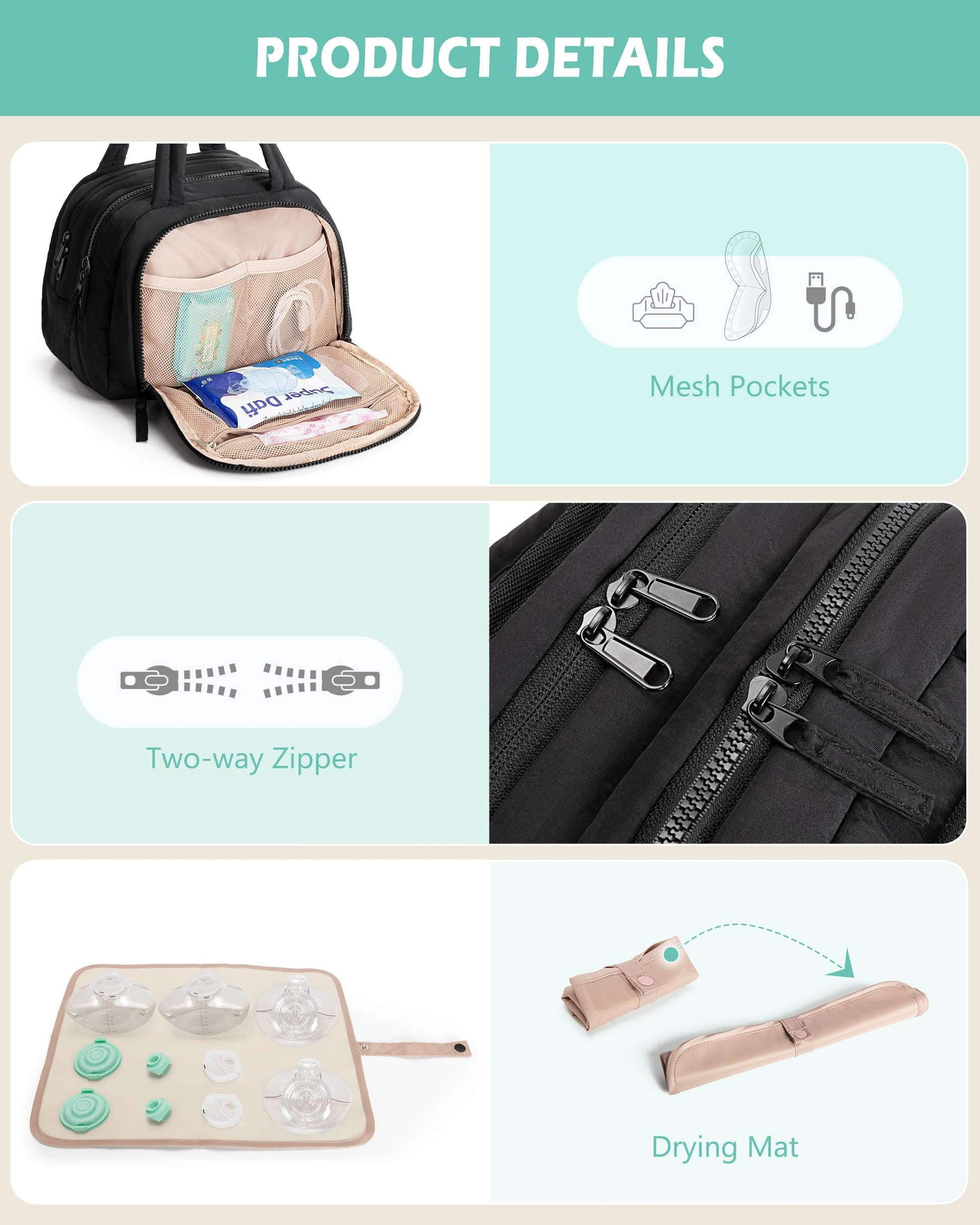 Jaffzora hands free pump bag interior pockets storing electronic wearable pumping devices.