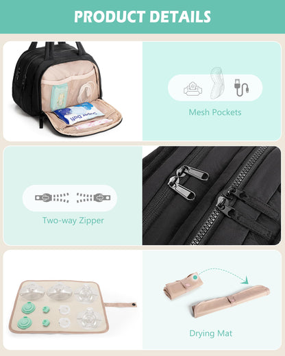 Jaffzora hands free pump bag interior pockets storing electronic wearable pumping devices.