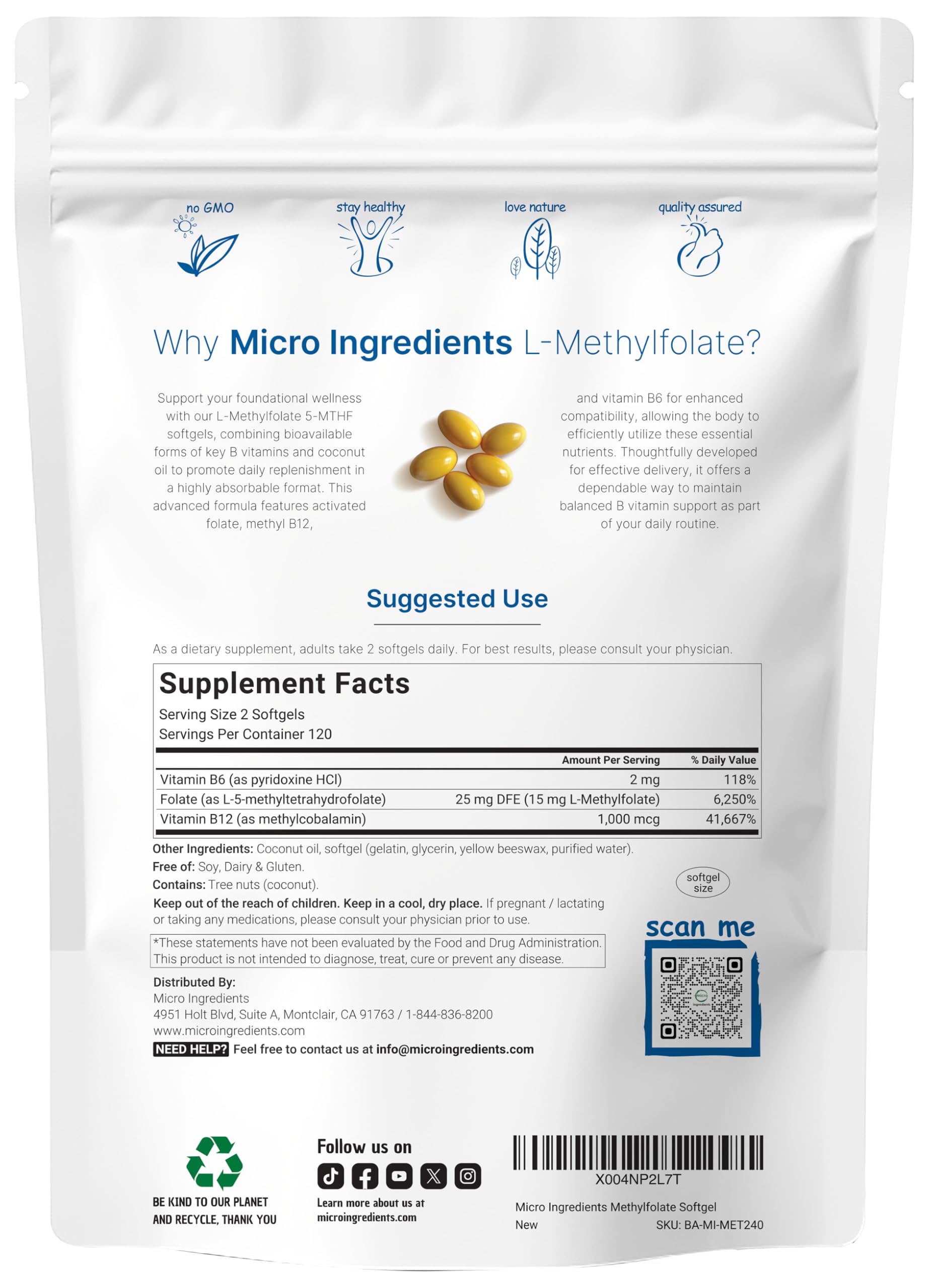Micro Ingredients methylated B-complex supplement bottle showing 5-MTHF folate and coconut oil infusion