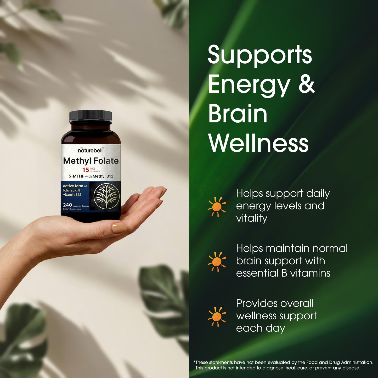 NatureBell high potency folate capsules highlighting non-GMO and gluten-free product features