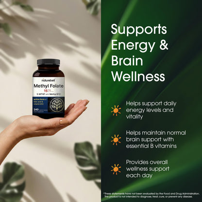 NatureBell high potency folate capsules highlighting non-GMO and gluten-free product features