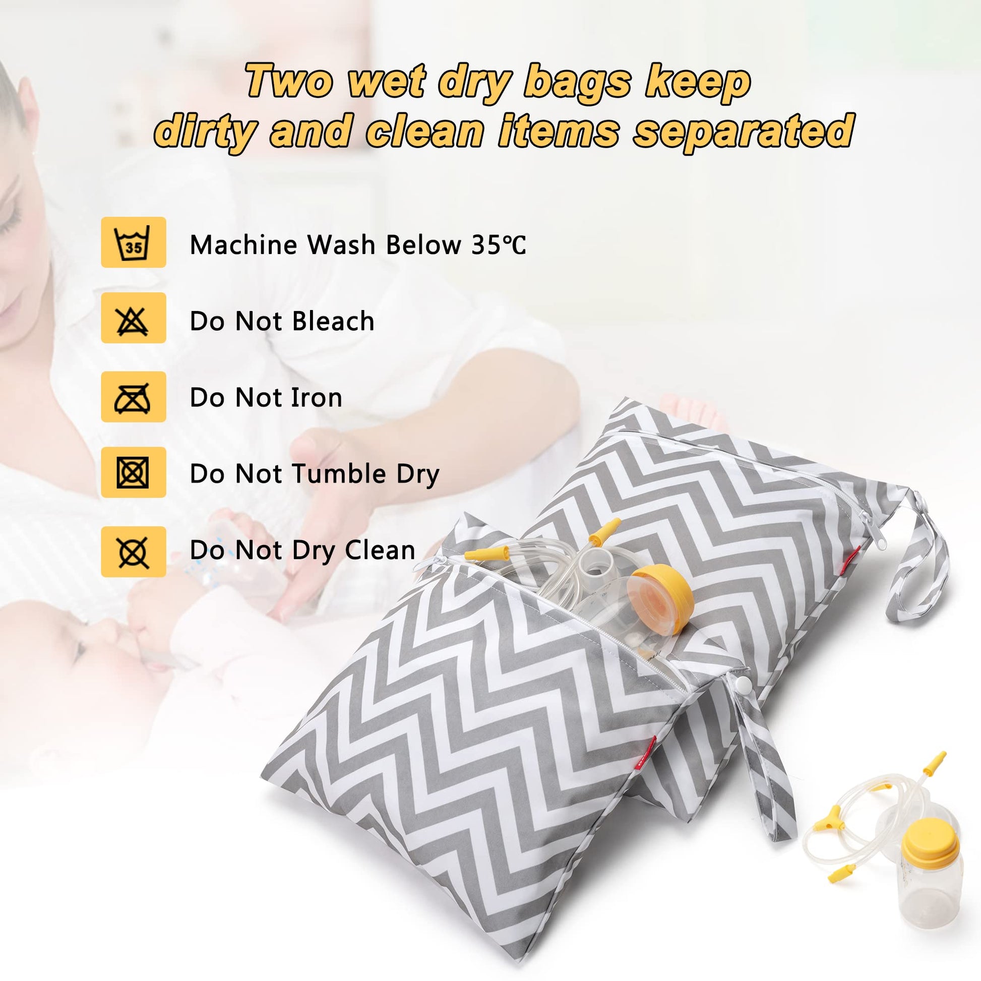 Damero breast pump accessories organizer hanging from a stroller handle using the snap strap
