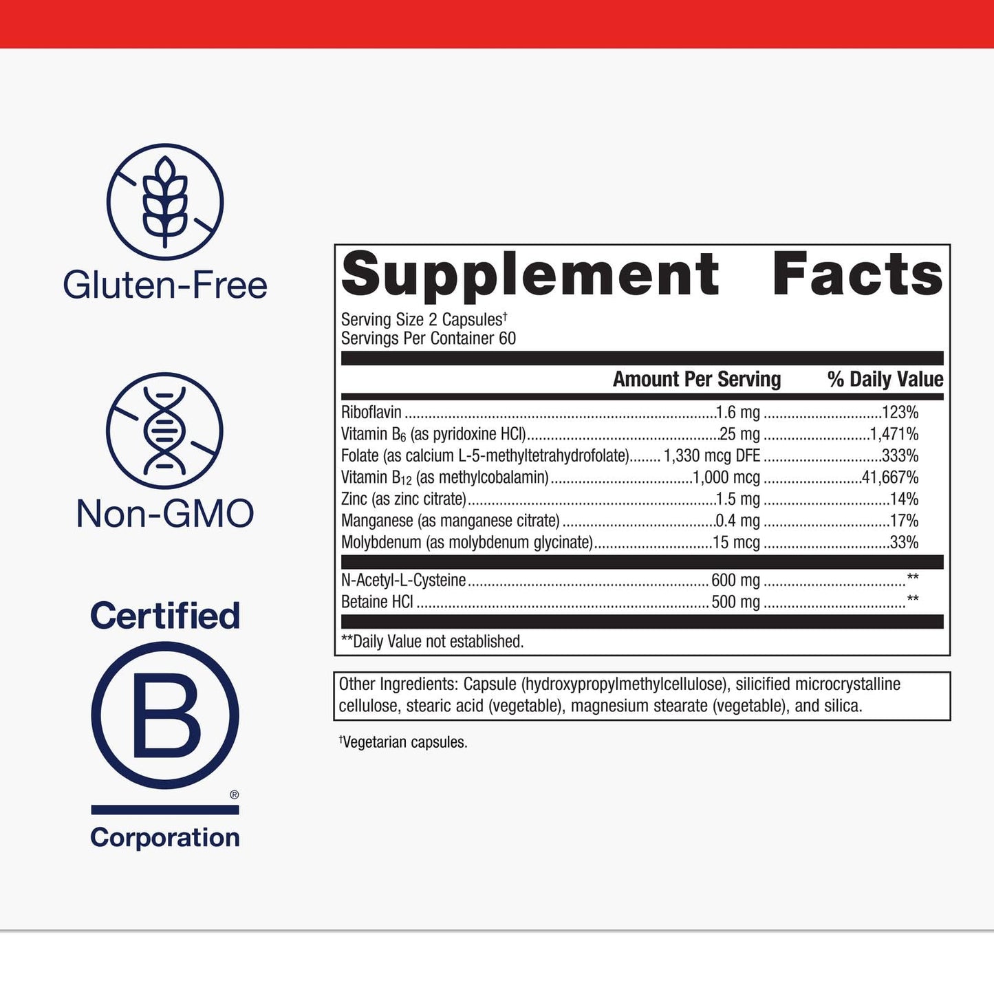 Metagenics MethylCare capsule side view displaying non-GMO and gluten-free labels