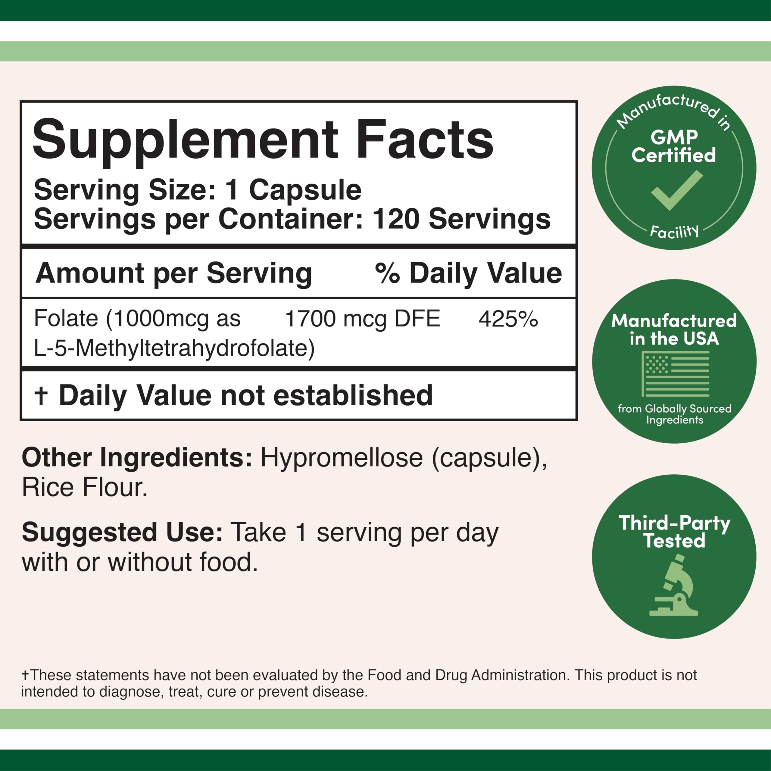 Active Vitamin B9 supplement label details with nutritional facts and third party tested certification.