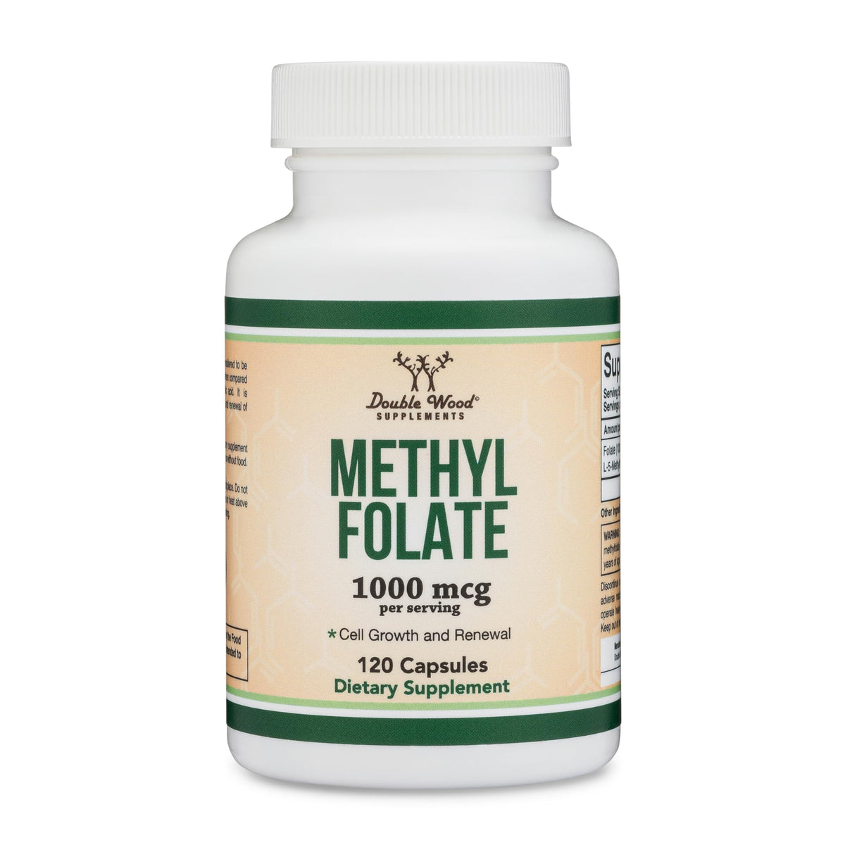 Premium L-Methylfolate 5-MTHF dietary supplement bottle showing ingredient information.