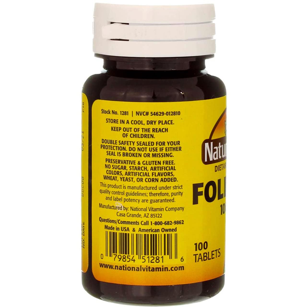 Side view of Nature's Blend Folic Acid 1000mcg tablets showing supplement facts and ingredient list.