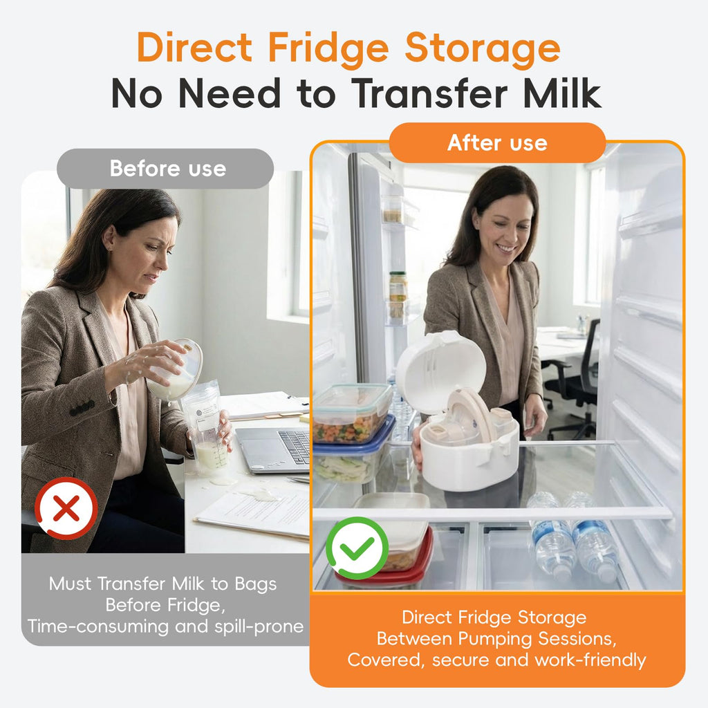 Open wearable breast pump storage box revealing custom molded compartments for hands free pump models.