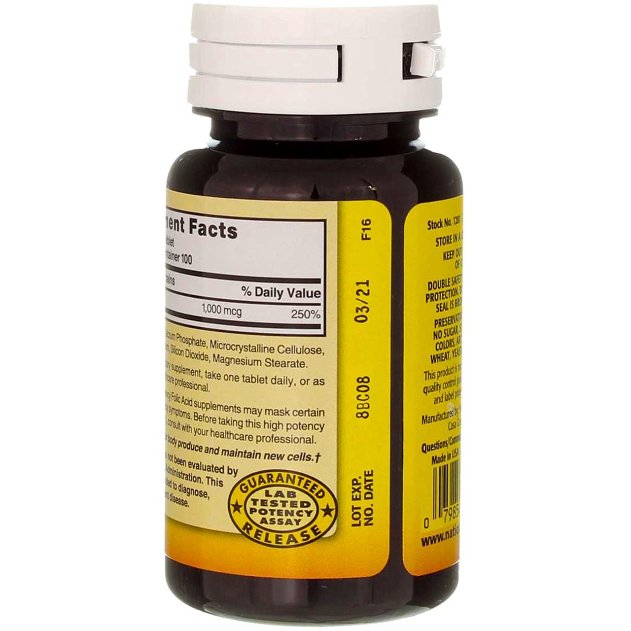 Nature's Blend Folic Acid 1000mcg 100 tablets container highlighting cardiovascular and prenatal support benefits.