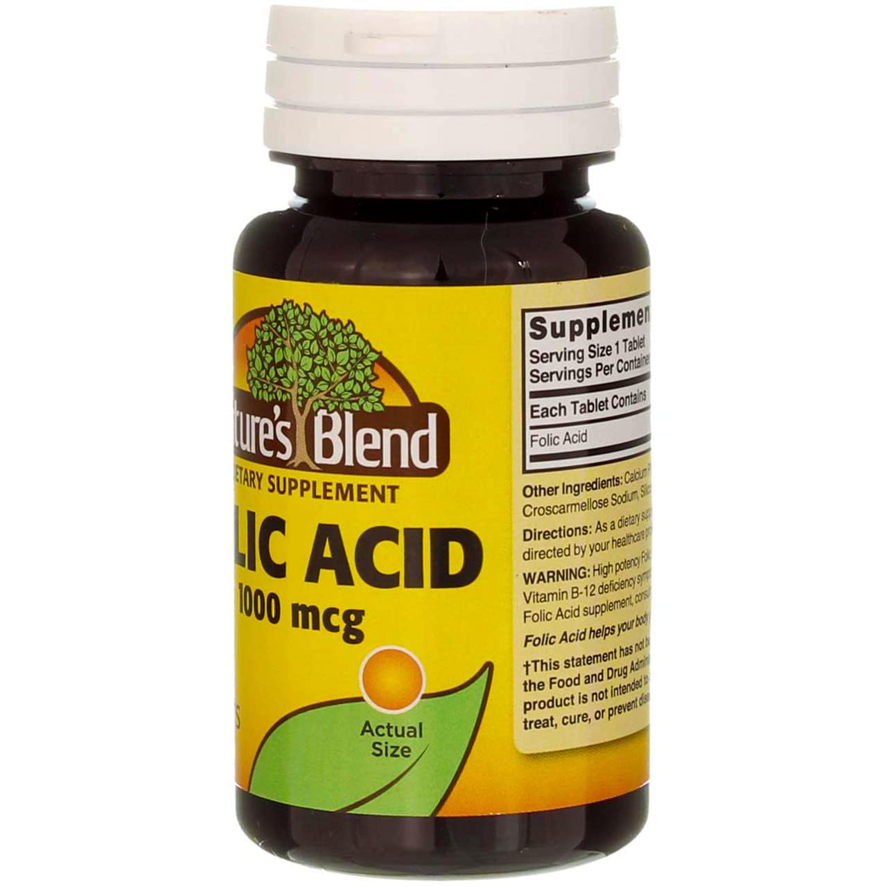 Close up shot of the gluten free seal on the Nature's Blend Folic Acid supplement package.