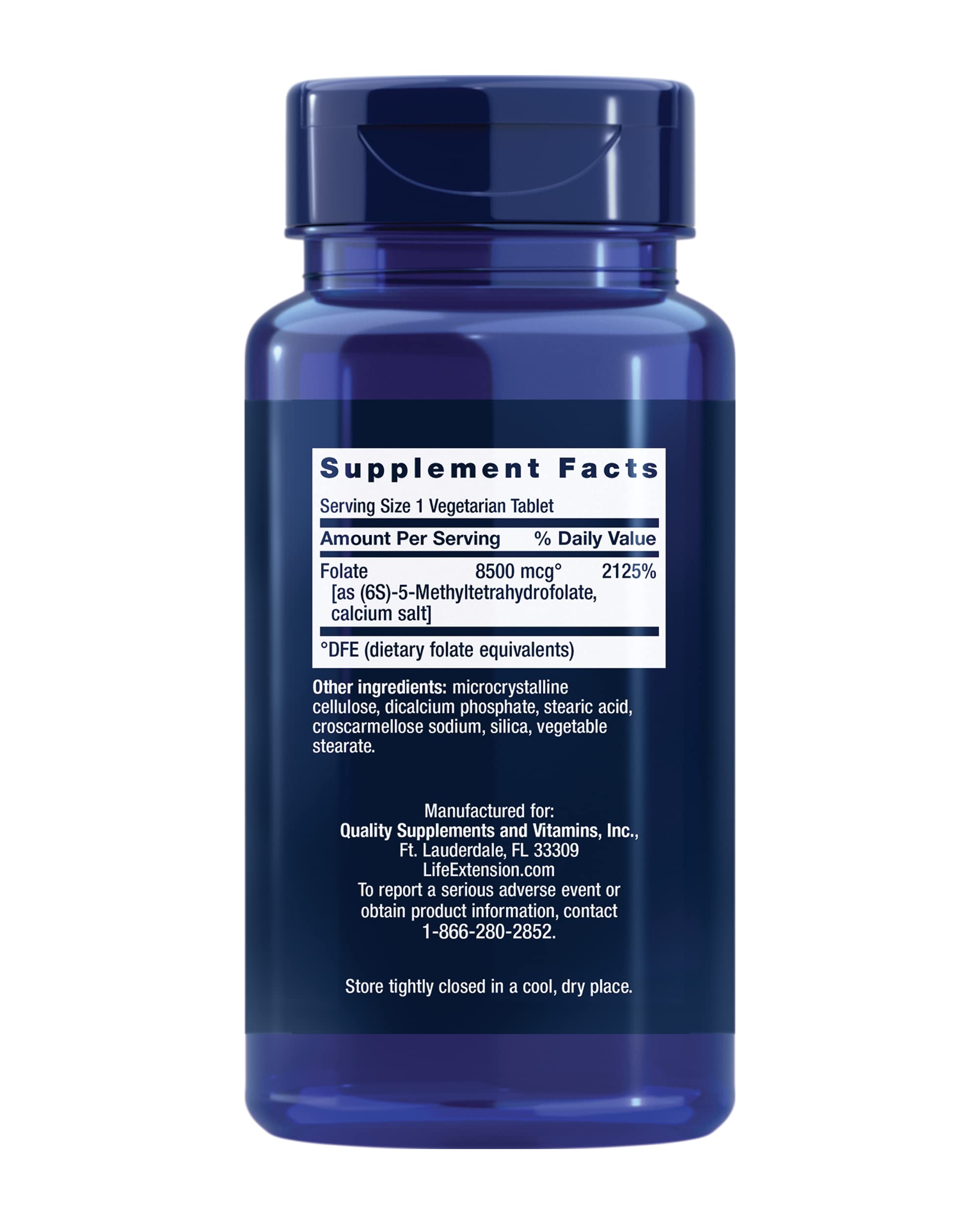 Life Extension High Potency Optimized Folate 30 tablets dietary facts label