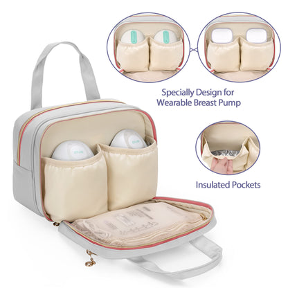 Insulated main compartment of the Damero carrying tote holding breast milk bottles