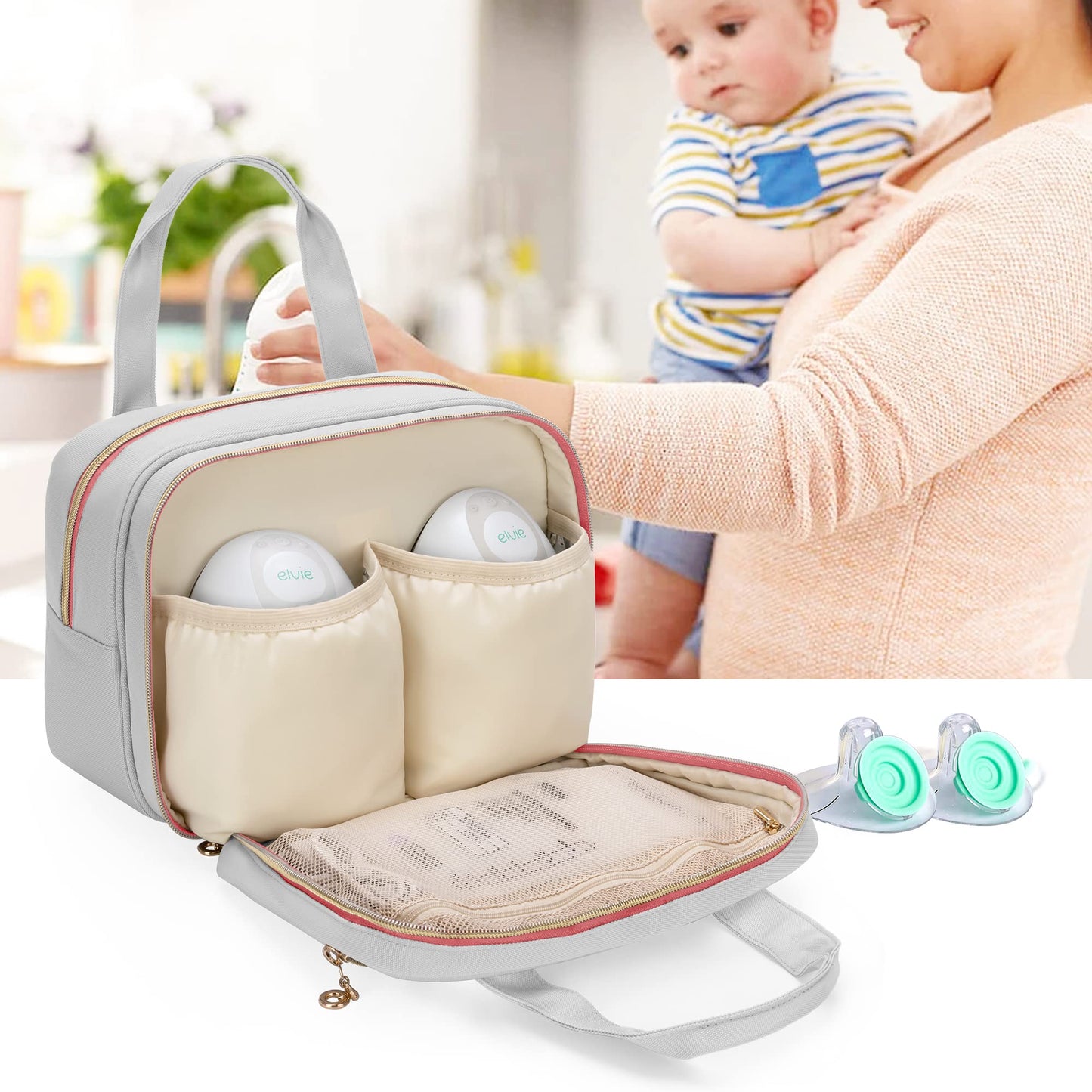 Full view of the patent design dual compartment travel organizer for nursing mothers