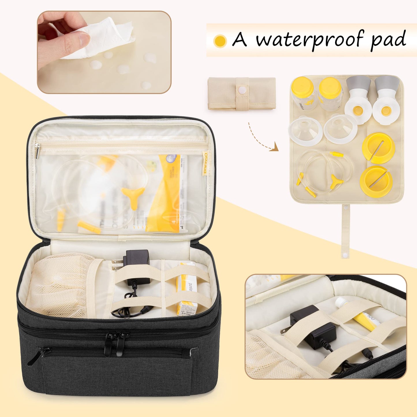 BAFASO breast pump case showing opened insulated bottom compartment with dividers