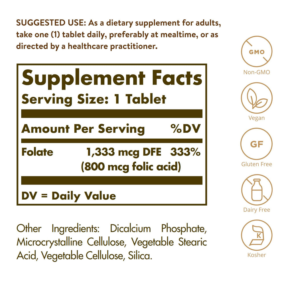 Solgar Folate 1333 MCG supplement facts and ingredient list label view.